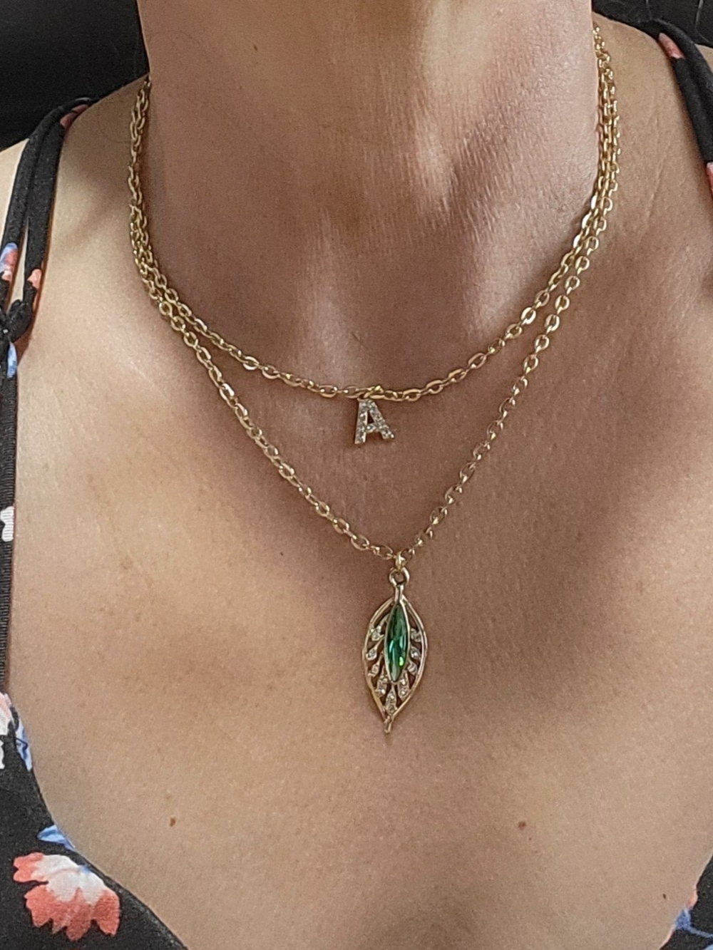 Handmade Gold Plated Layered Initial 'A' Necklace with Green Leaf Pendant